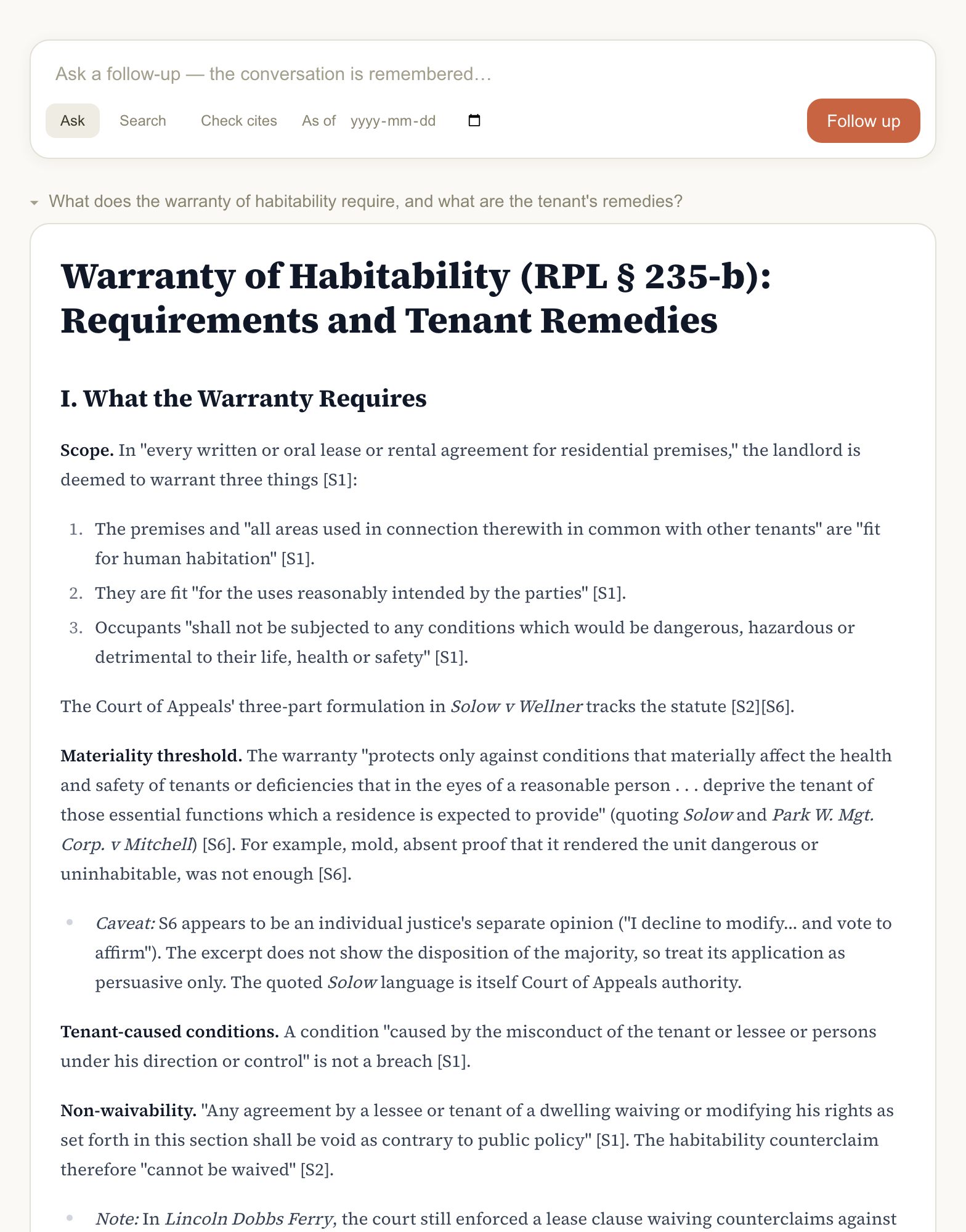 A Casewise answer on the warranty of habitability with inline source citations