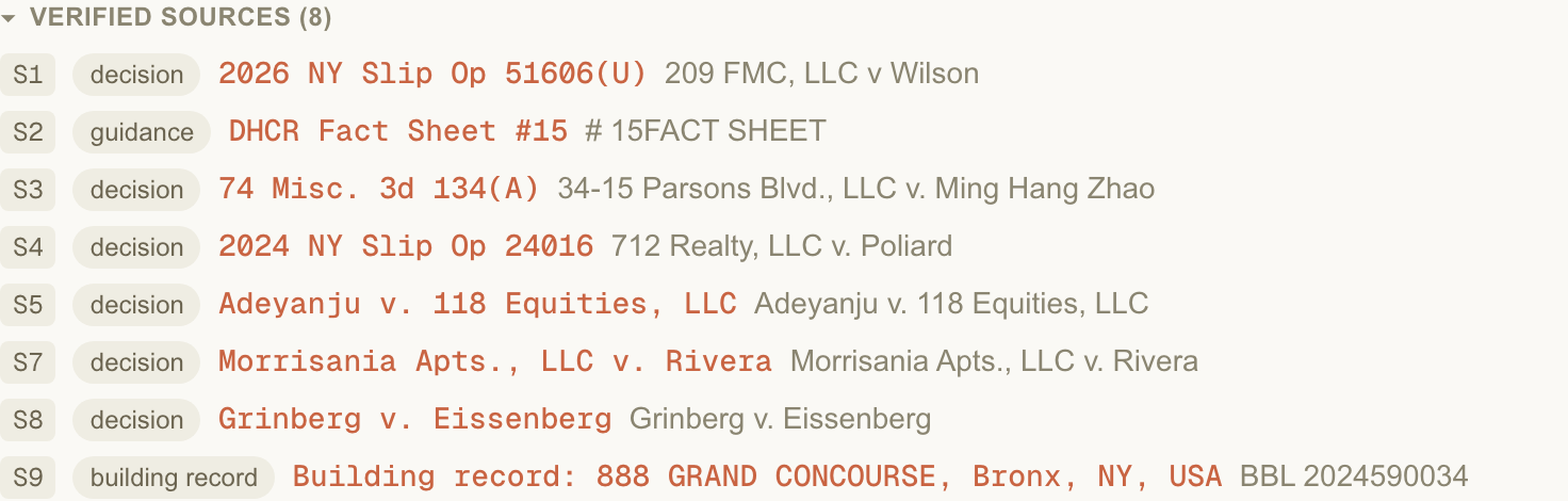 Verified sources including a building record for 888 Grand Concourse with statute and guidance citations
